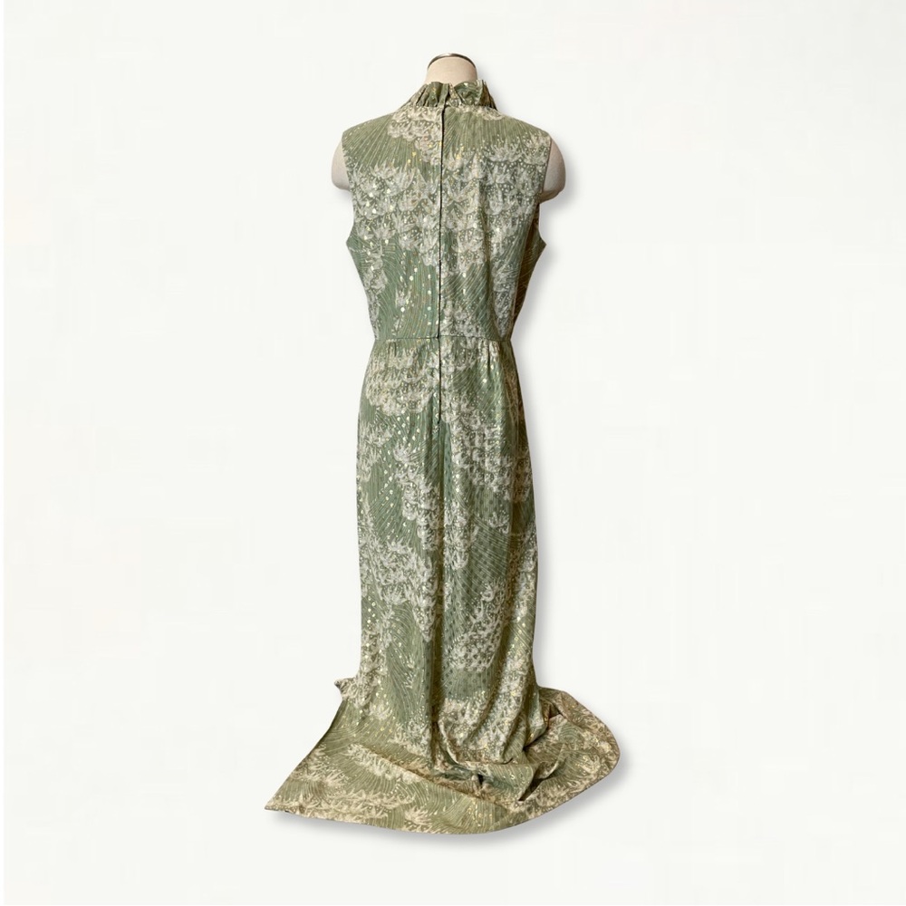 Vintage 1960s Mary Martin Florida Green Sleeveless Long Dress with Gold Detail - Picture 6 of 13